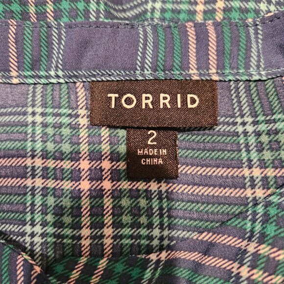 Torrid Womens 2X Plaid Ruffled Button Front Blouse Top Blue Green peplum office - Picture 9 of 11
